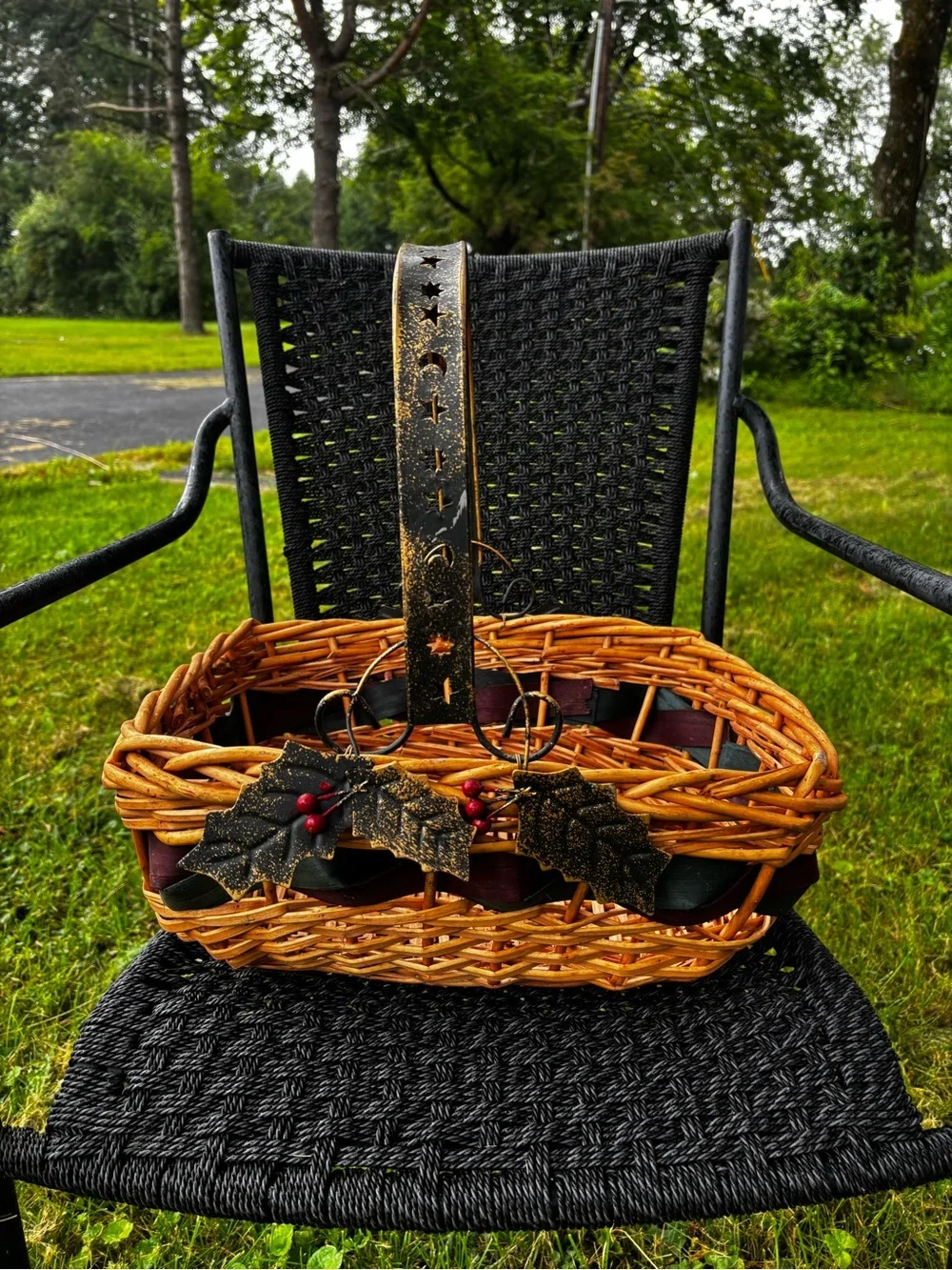 Rustic Wicker Basket with Black Handle and Berry Accents holiday Christmas